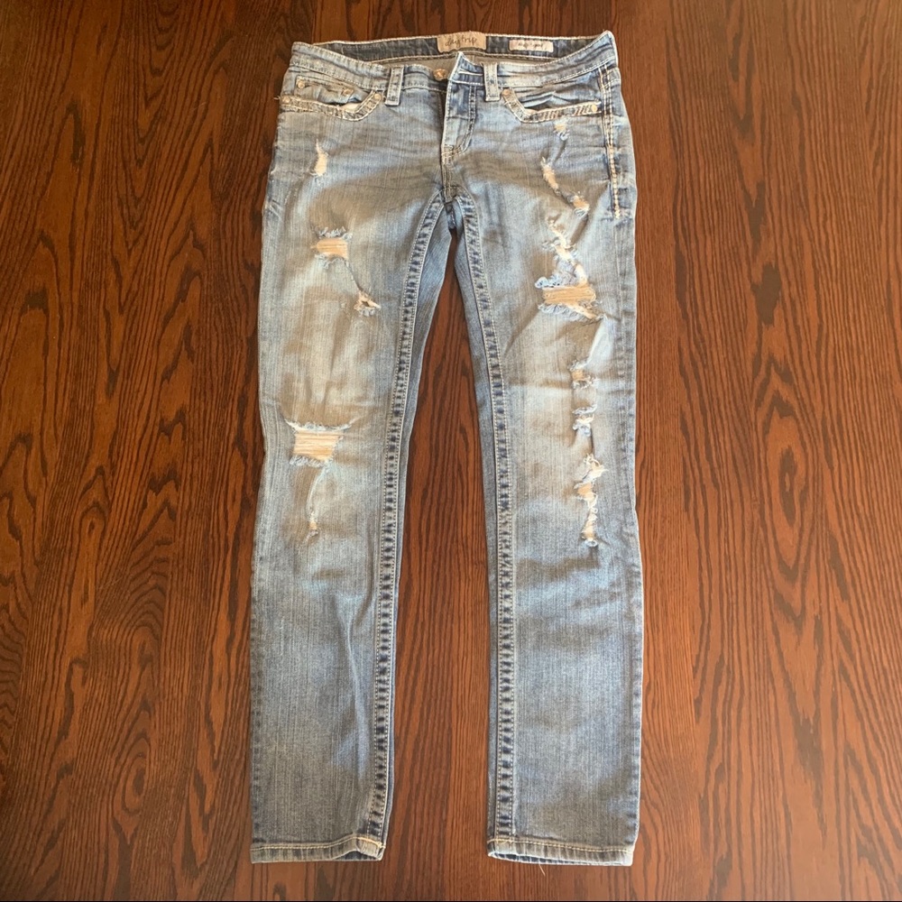 Day trip distressed skinnies with sequin trim